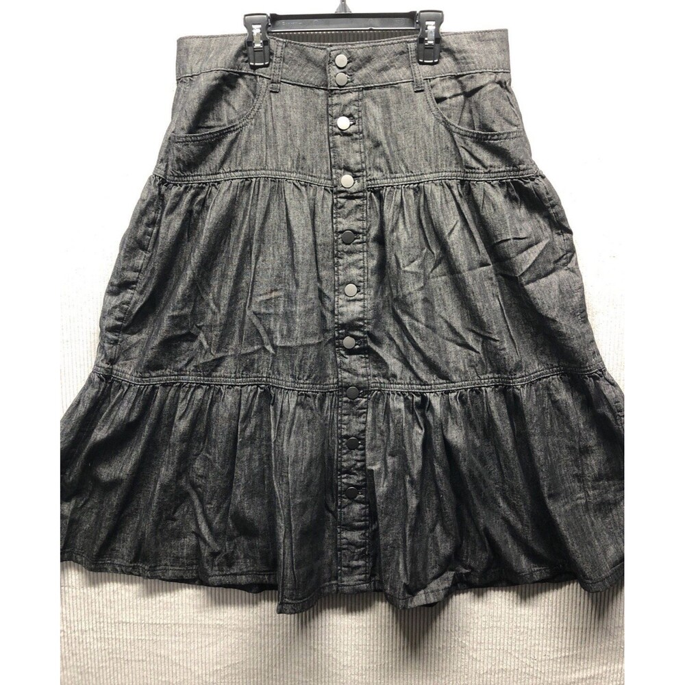 Time & Tru Denim Midi Skirt Women 12 Black Wash Tiered Western Prairie Cottageco